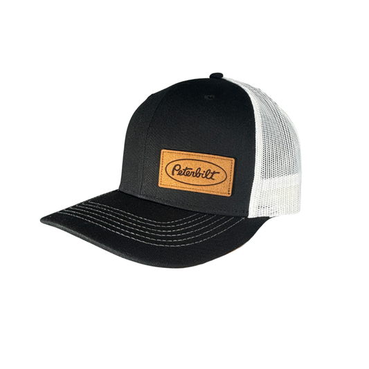 Black with Brown Leather Peterbilt Logo White Mesh Trucker Cap