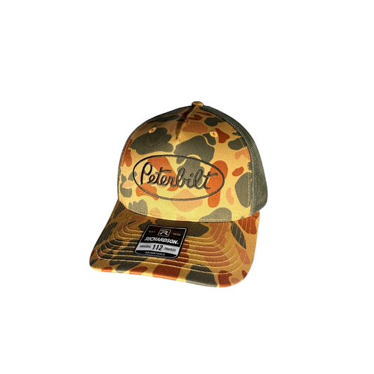 Richardson 112 Orange Duck Camo Peterbilt Logo Loden Mesh Trucker Cap