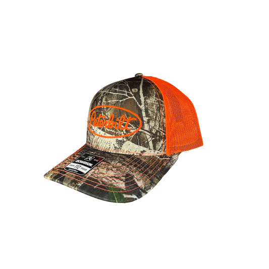 Richardson 112 Camo Peterbilt Logo Blaze Orange Mesh Trucker Cap