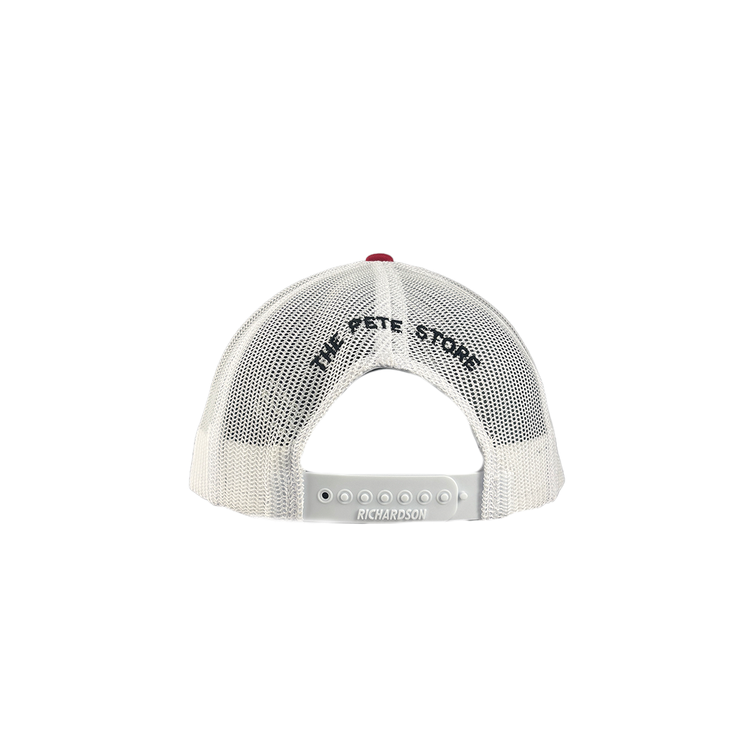 Classic Black and White Peterbilt Logo Mesh Trucker Cap with Red Bill