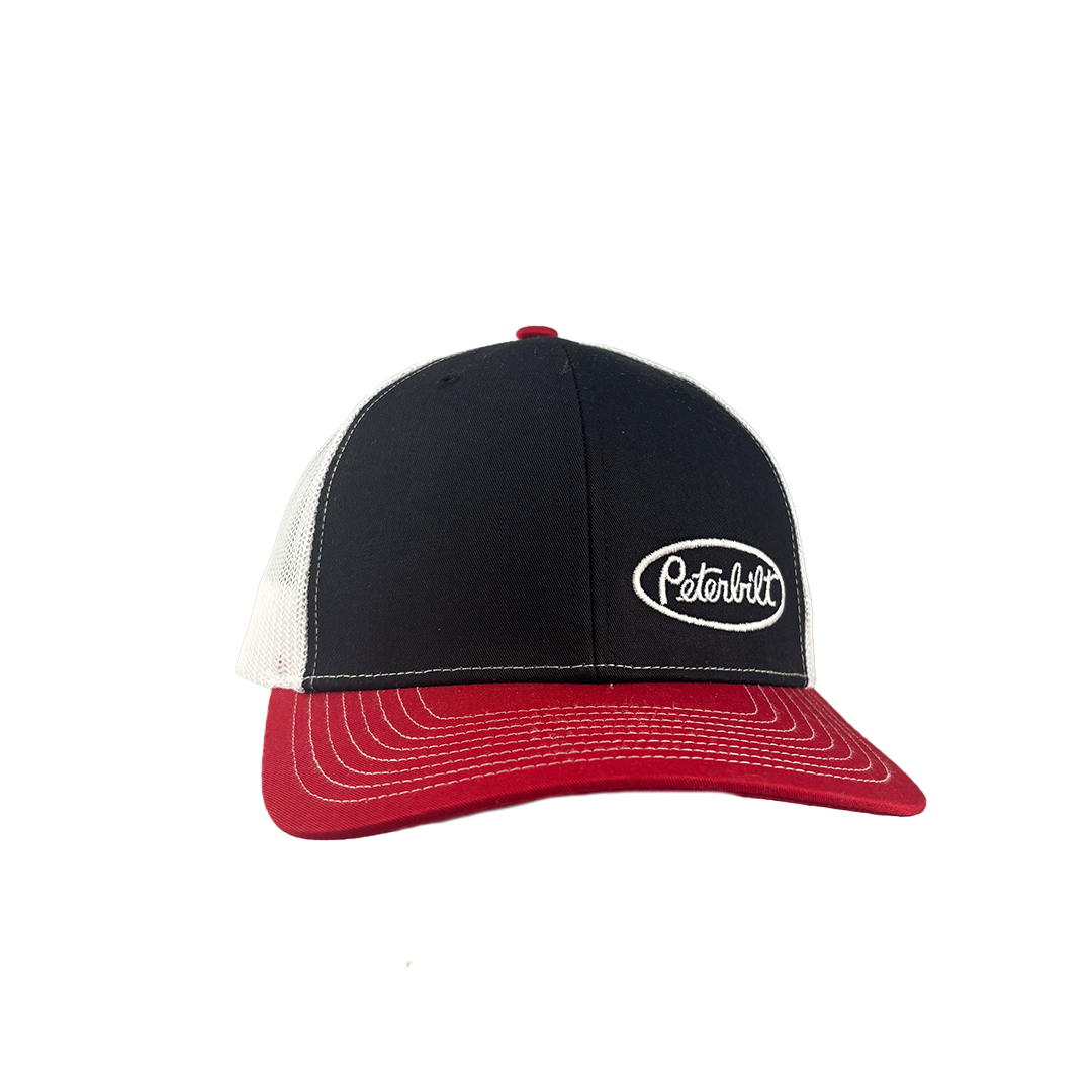 Classic Black and White Peterbilt Logo Mesh Trucker Cap with Red Bill