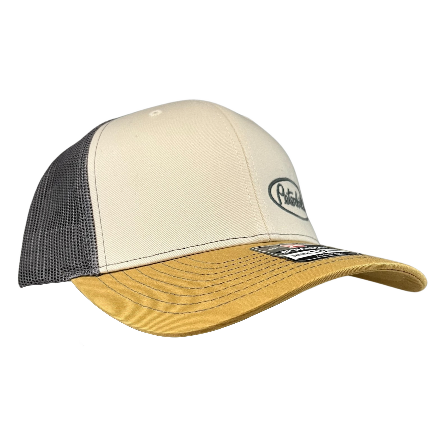 Classic Cream, Gray, and Mustard Yellow Peterbilt logo Trucker Cap