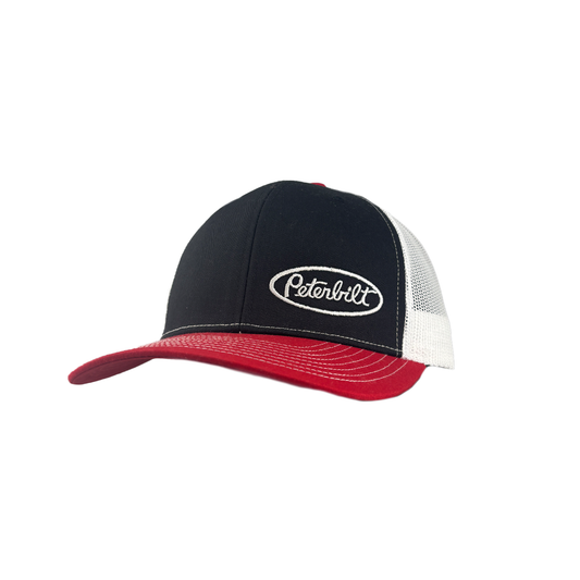 Classic Black and White Peterbilt Logo Mesh Trucker Cap with Red Bill