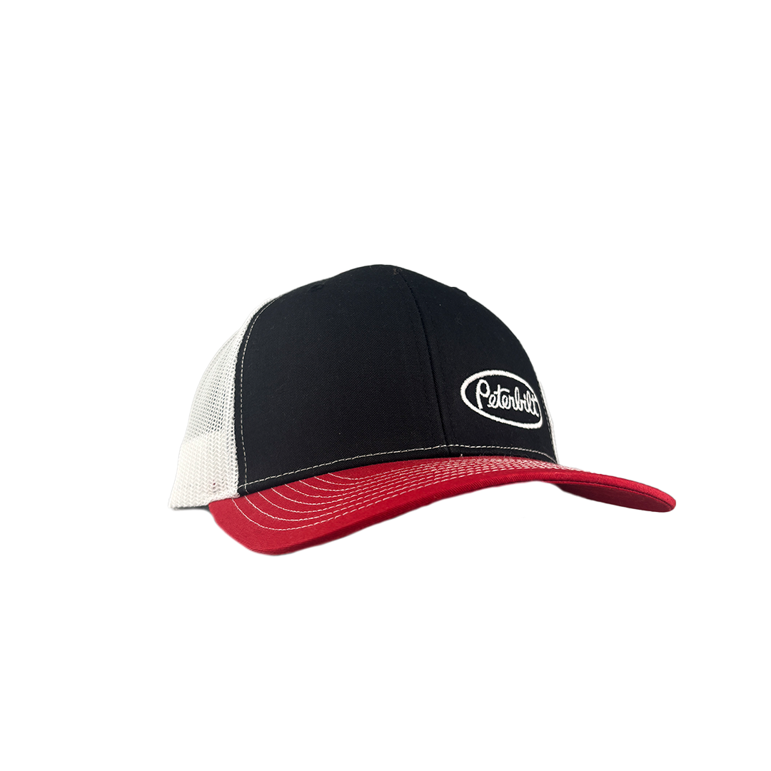 Classic Black and White Peterbilt Logo Mesh Trucker Cap with Red Bill