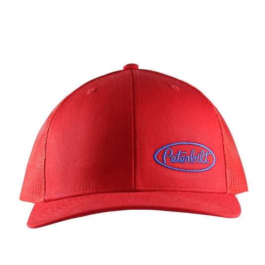 Classic Red Mesh Trucker Cap Blue Peterbilt Logo