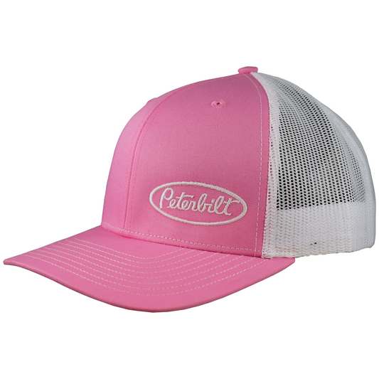 Classic Pink and White Mesh Peterbilt Logo Trucker Cap