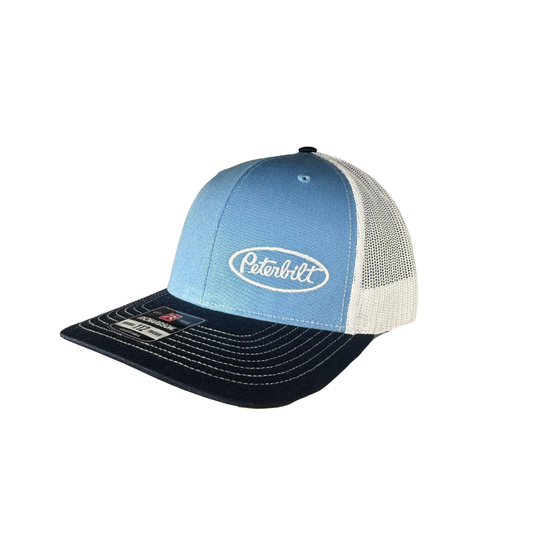 Richardson 112 Light Blue , Navy, and White Peterbilt Logo Mesh Trucker Cap
