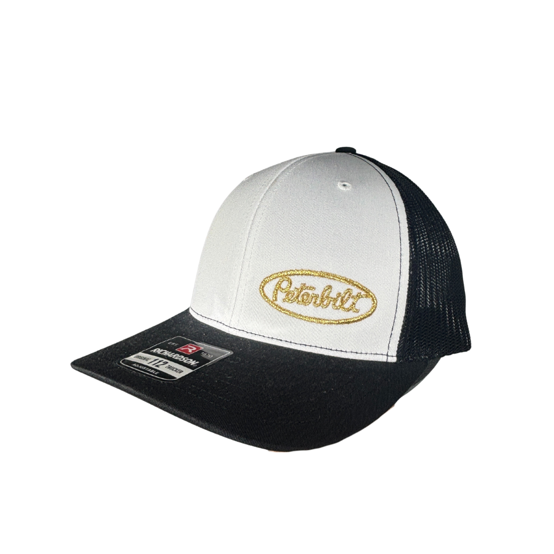 Richardson 112 White, Black, and Gold Peterbilt Logo Mesh Trucker Cap