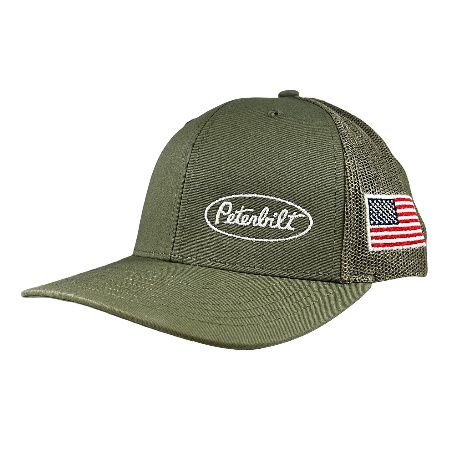 Classic Army Green Peterbilt Logo Trucker Cap with American Flag