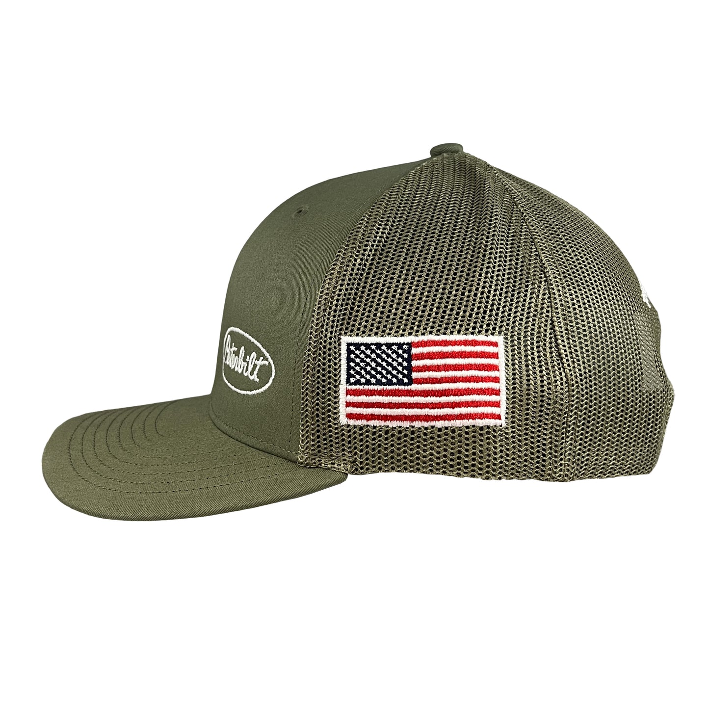 Classic Army Green Peterbilt Logo Trucker Cap with American Flag