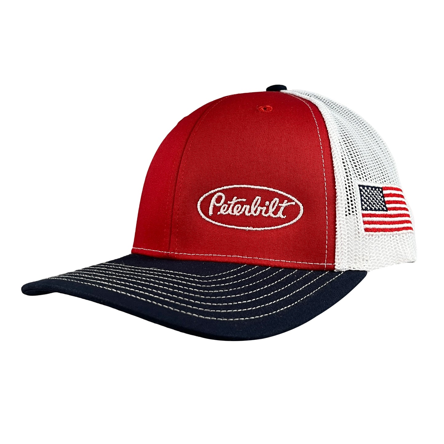 Classic Red, White, and Blue Peterbilt Logo Trucker Cap with American Flag