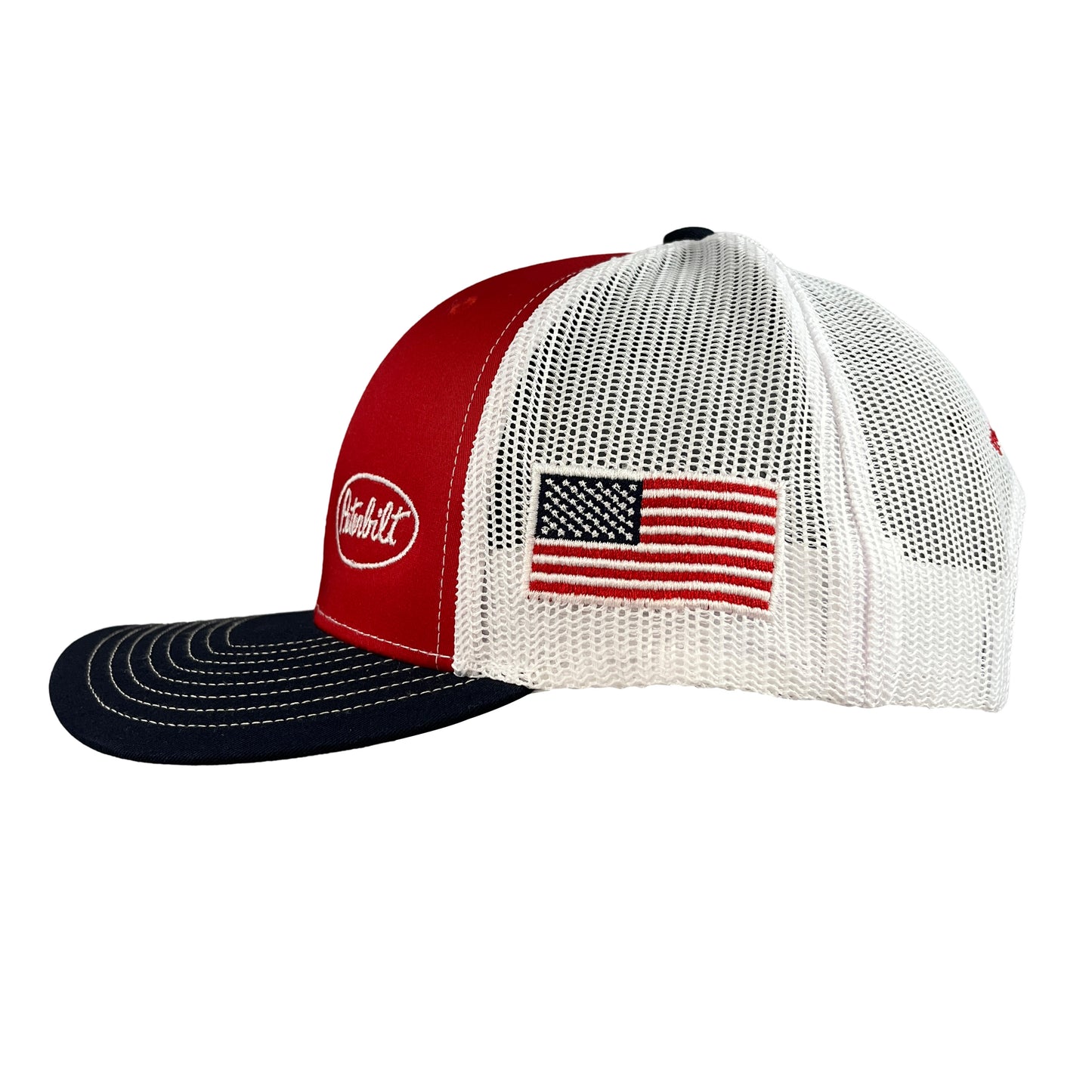 Classic Red, White, and Blue Peterbilt Logo Trucker Cap with American Flag