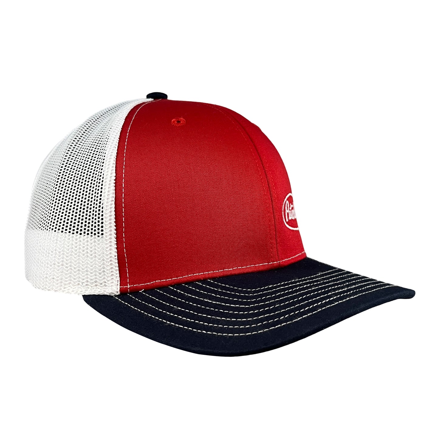 Classic Red, White, and Blue Peterbilt Logo Trucker Cap with American Flag