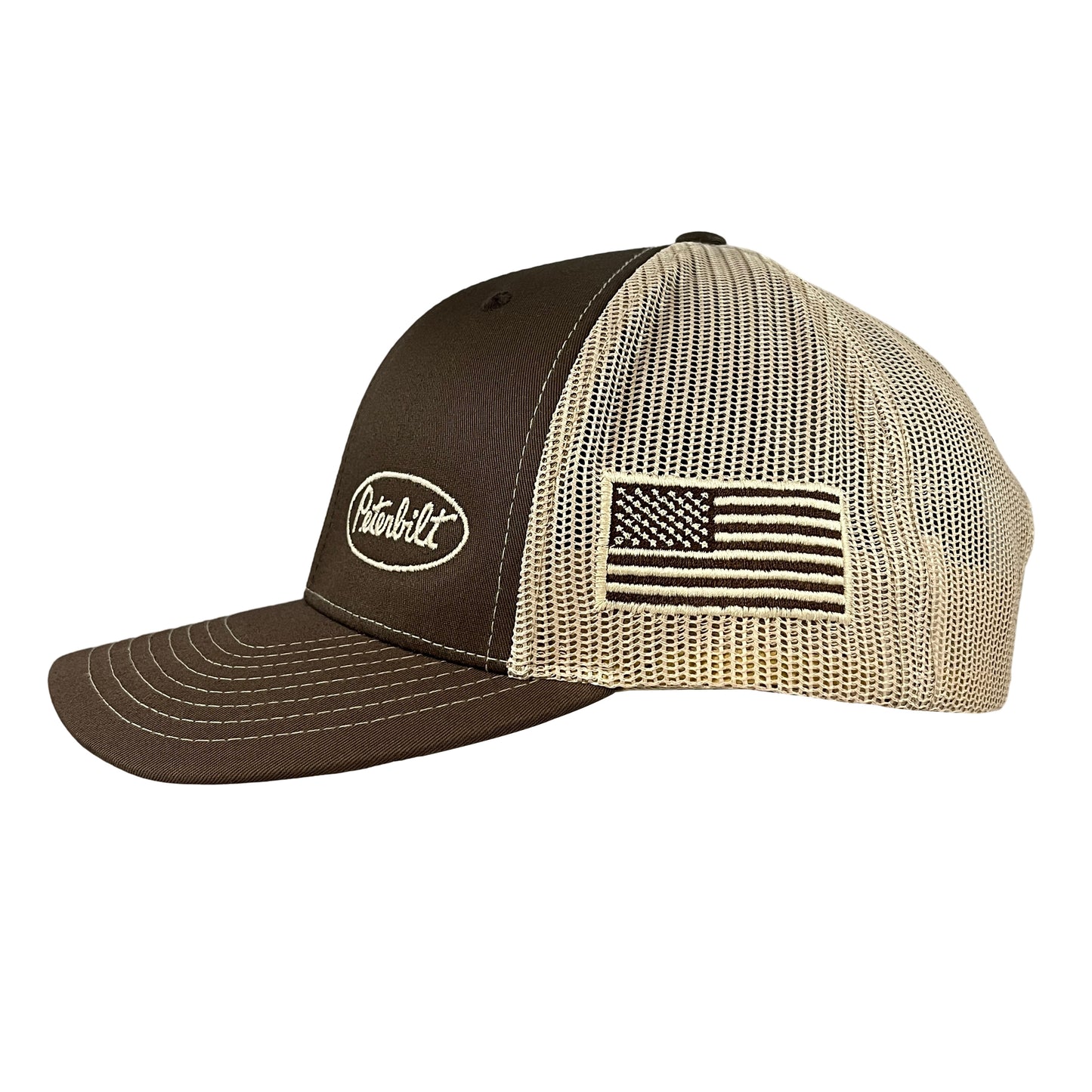 Classic Tan and Brown Peterbilt Logo Trucker Cap with American Flag