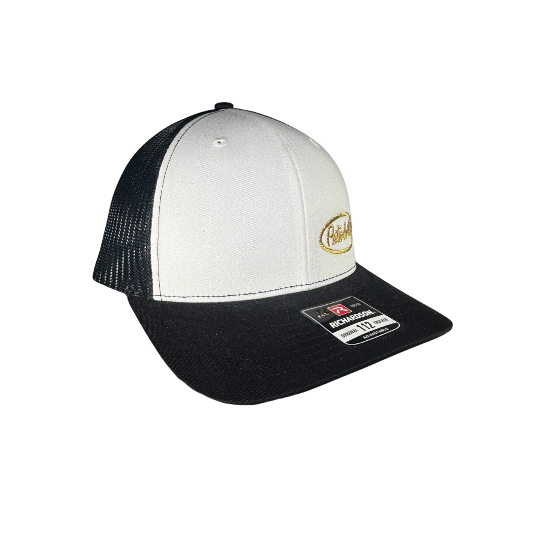 Richardson 112 White, Black, and Gold Peterbilt Logo Mesh Trucker Cap