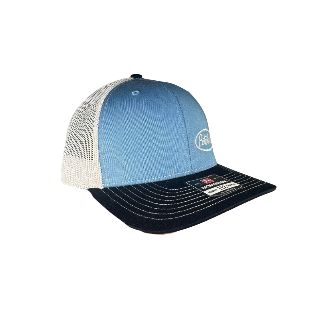 Richardson 112 Light Blue , Navy, and White Peterbilt Logo Mesh Trucker Cap
