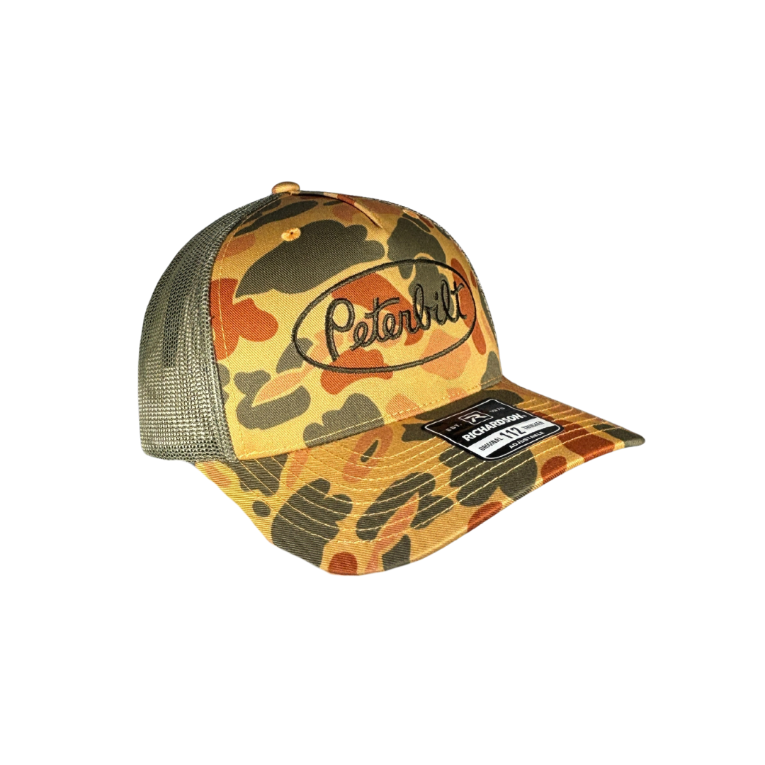 Richardson 112 Orange Duck Camo Peterbilt Logo Loden Mesh Trucker Cap