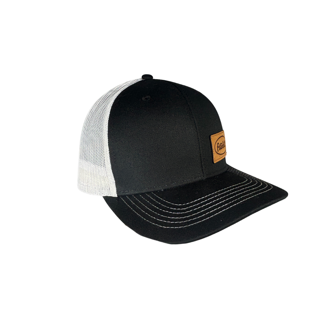Black with Brown Leather Peterbilt Logo White Mesh Trucker Cap