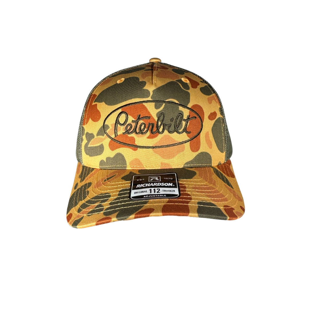 Richardson 112 Orange Duck Camo Peterbilt Logo Loden Mesh Trucker Cap