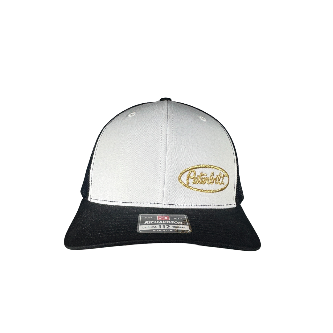 Richardson 112 White, Black, and Gold Peterbilt Logo Mesh Trucker Cap