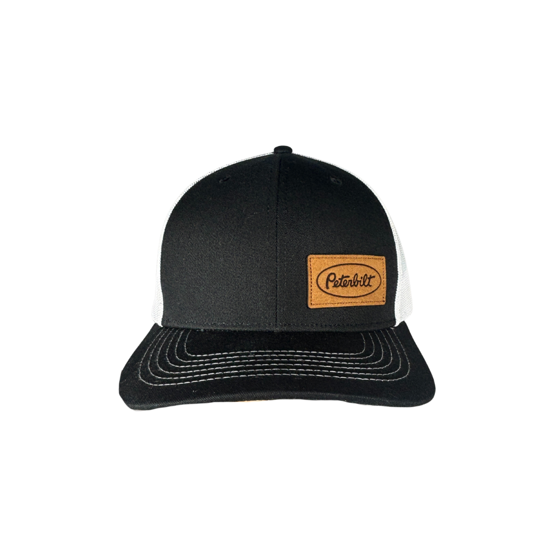 Black with Brown Leather Peterbilt Logo White Mesh Trucker Cap