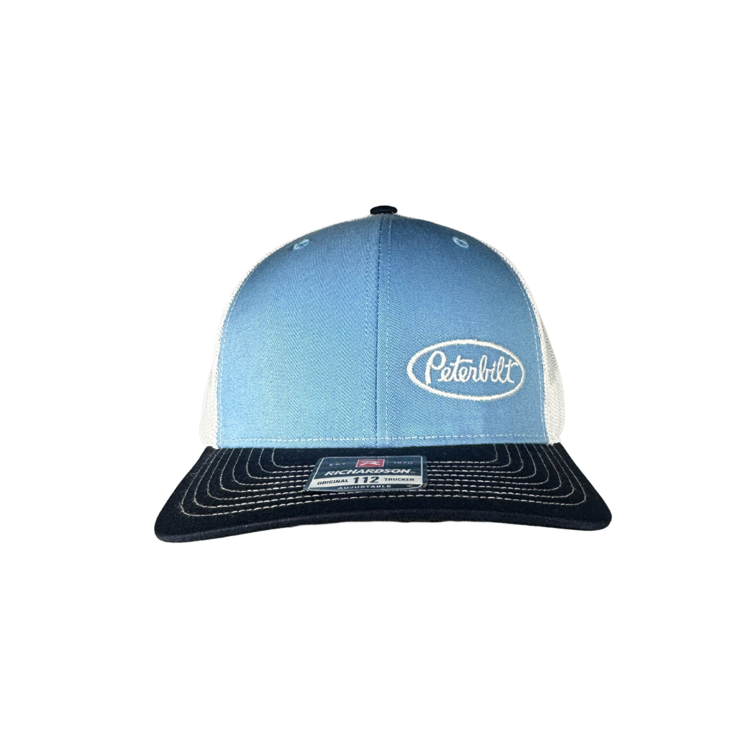 Richardson 112 Light Blue , Navy, and White Peterbilt Logo Mesh Trucker Cap