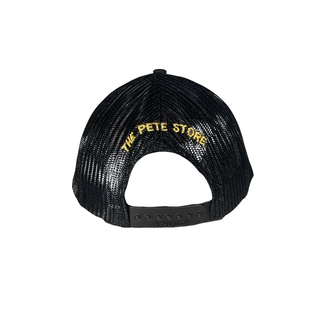 Richardson 112 White, Black, and Gold Peterbilt Logo Mesh Trucker Cap