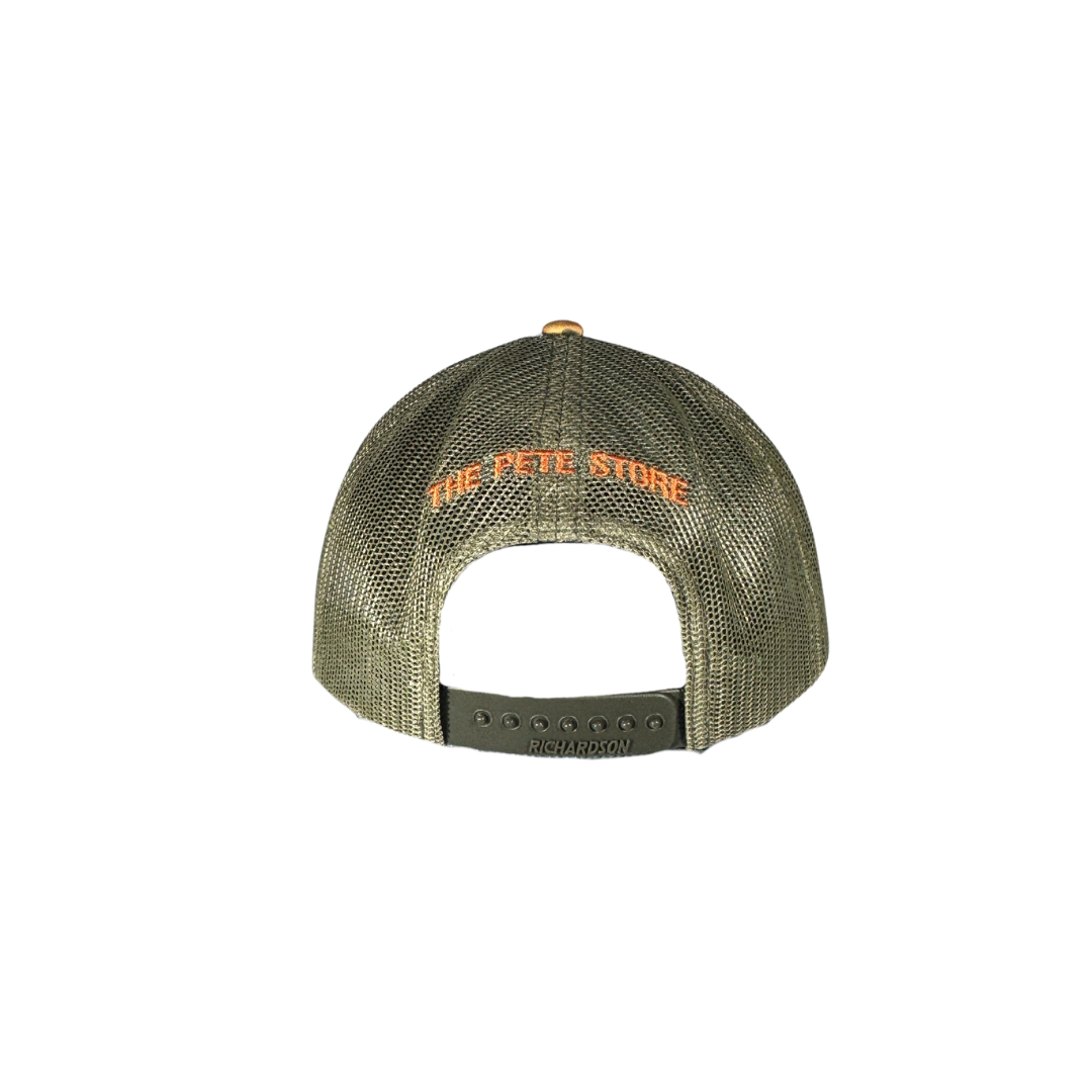 Richardson 112 Orange Duck Camo Peterbilt Logo Loden Mesh Trucker Cap