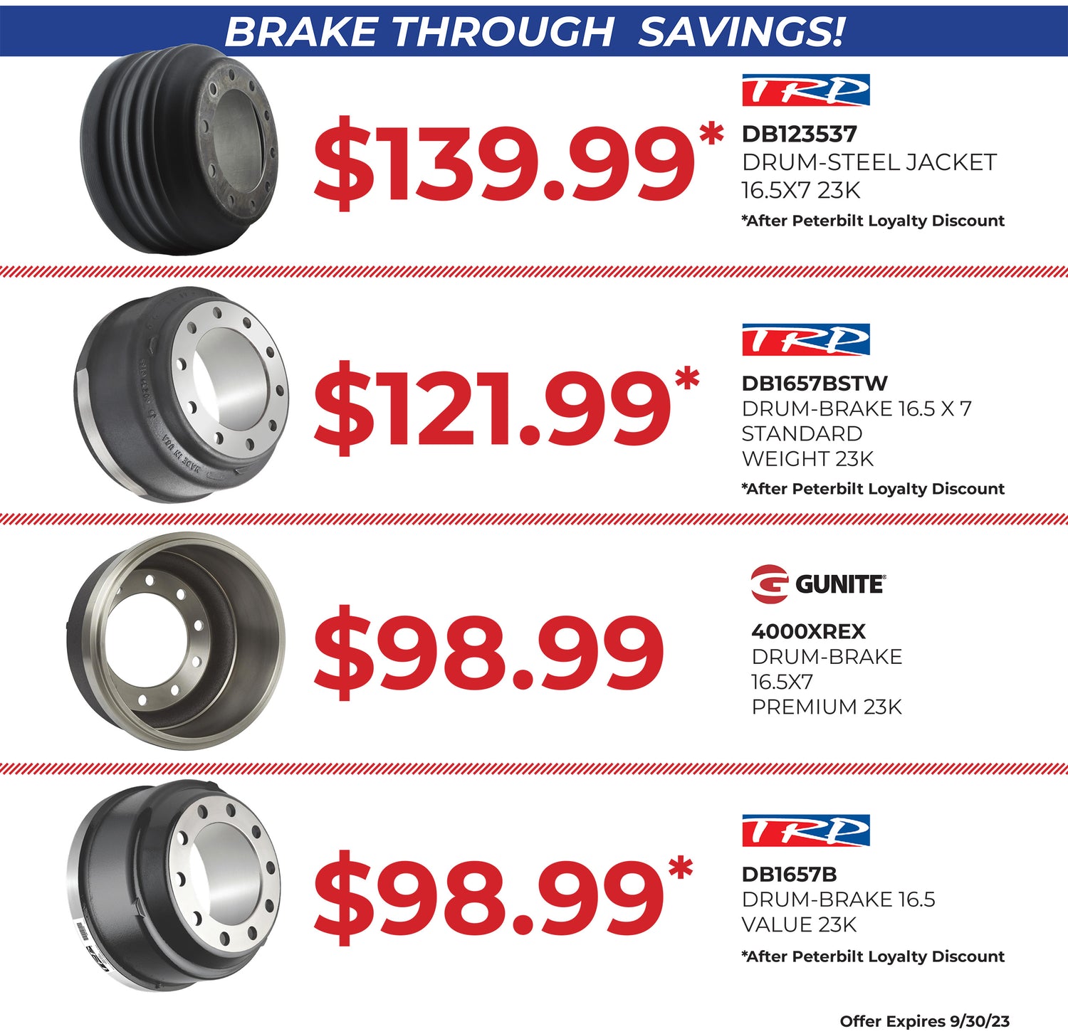 Brake drums on sale! TRP and Gunite brake drums on sale at The Pete Store