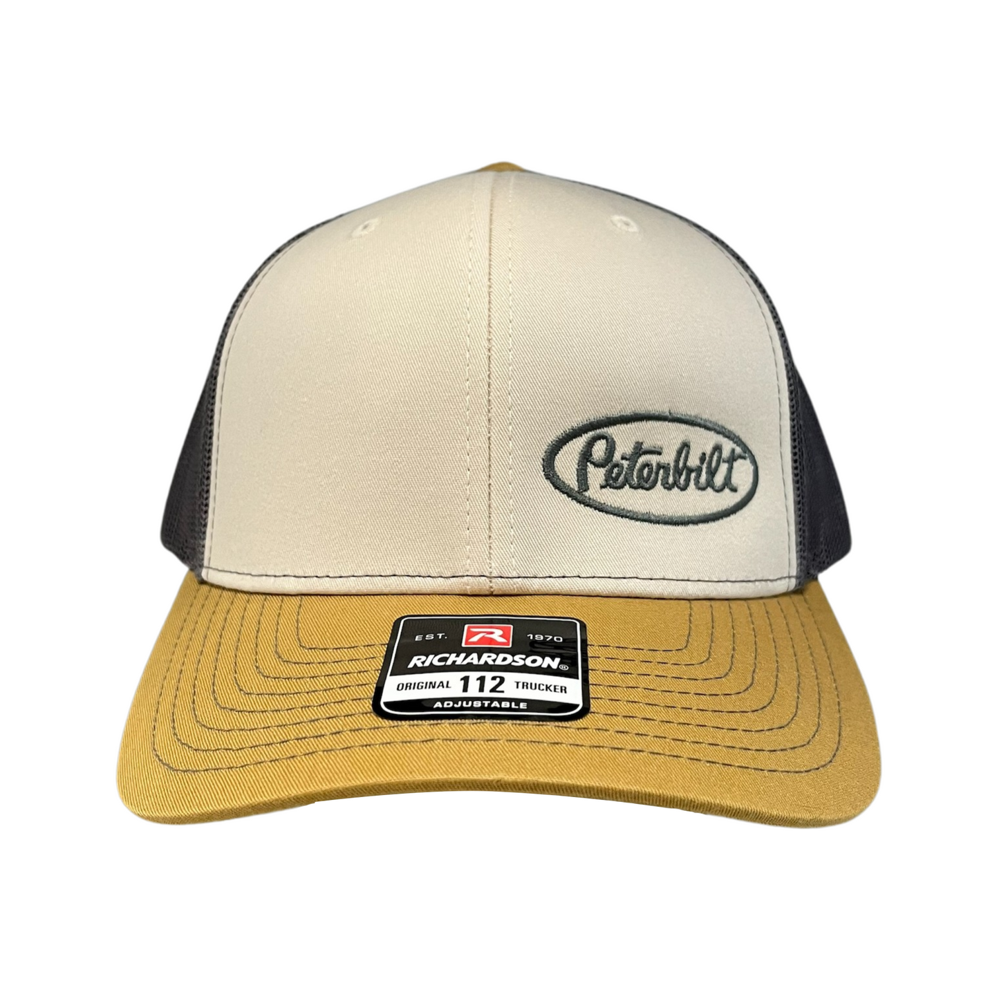 Classic Cream, Gray, and Mustard Yellow Peterbilt logo Trucker Cap