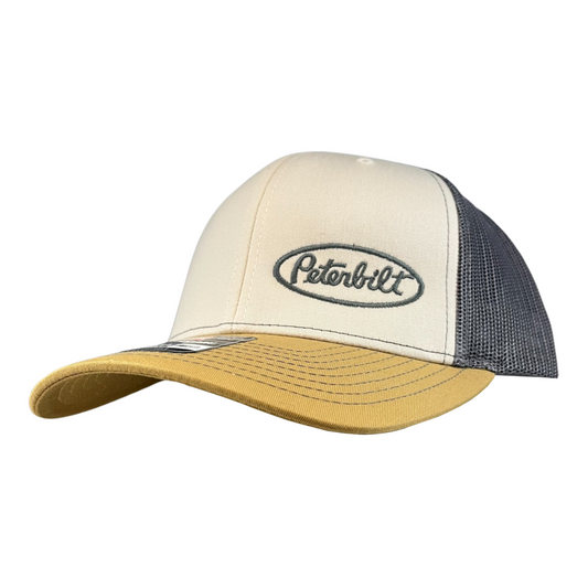 Classic Cream, Gray, and Mustard Yellow Peterbilt logo Trucker Cap