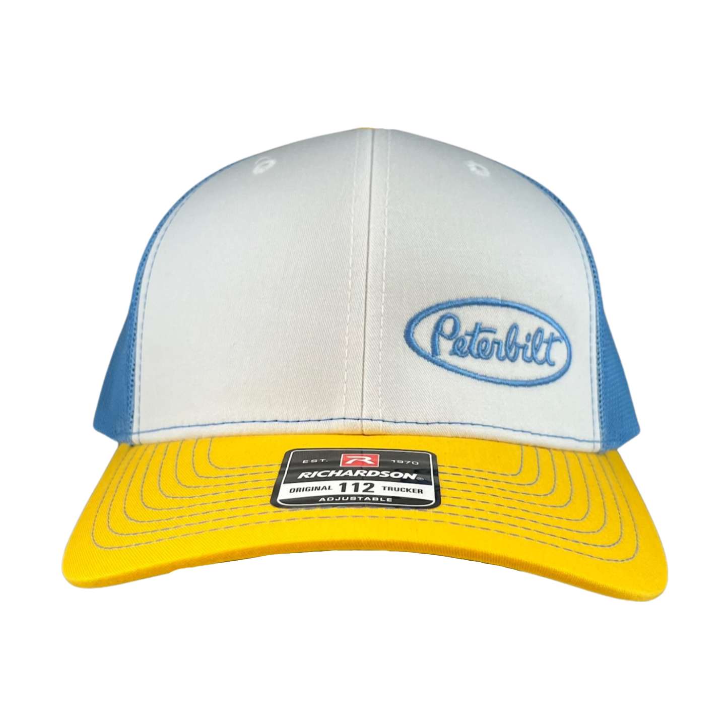 Classic White, Yellow, and Light Blue Peterbilt logo Trucker Cap