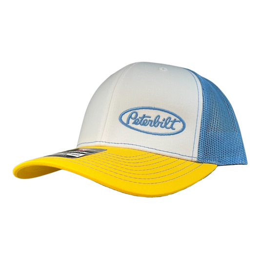 Classic White, Yellow, and Light Blue Peterbilt logo Trucker Cap