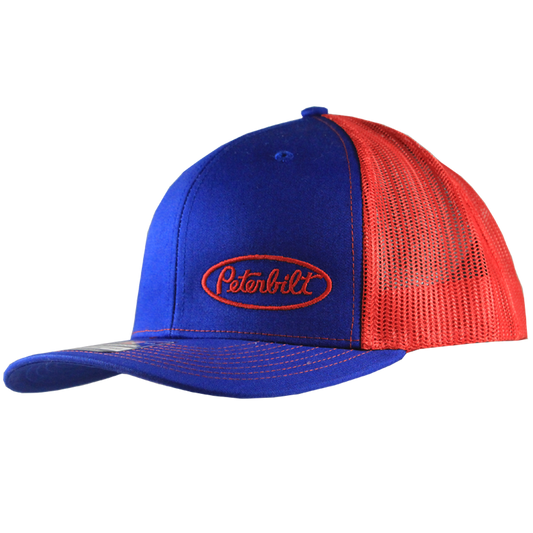 Classic Blue and Red Mesh Peterbilt logo Trucker Cap