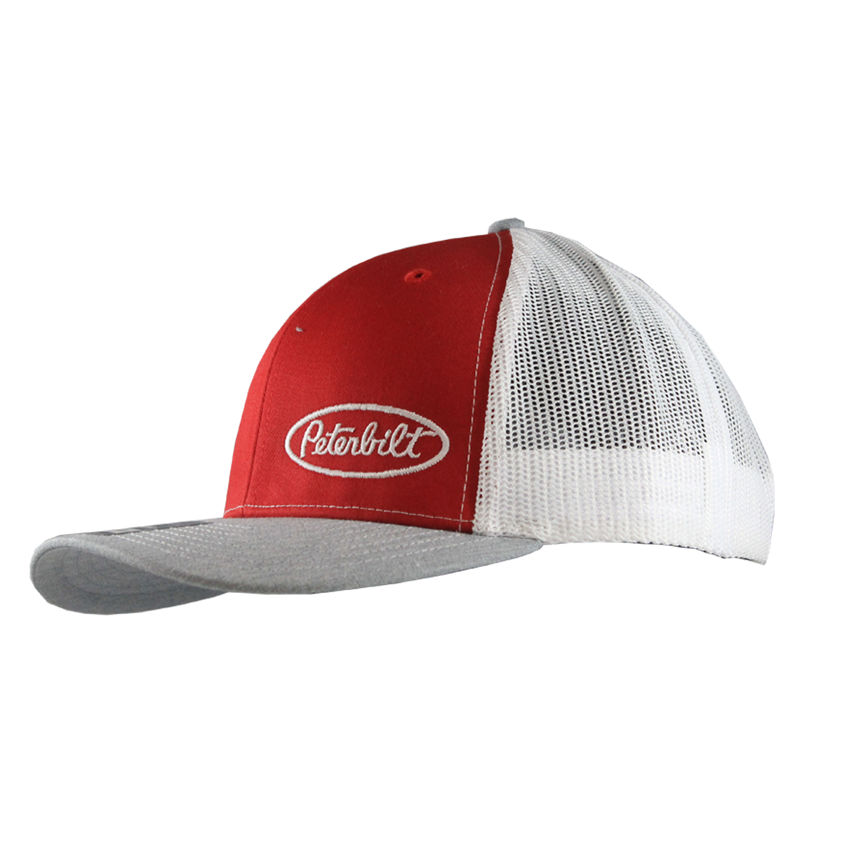 Classic Gray and Red Hat with White Peterbilt Logo Mesh Trucker Cap